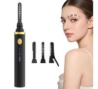 3 in 1 Heated Eyelash Curler Electric, 10S Fast Heating with 3 Temperature Modes (65/75/85°C), USB-C Rechargeable Portable with Interchangeable Brush Heads for Upper & Lower Lashes, Sideburns - Black