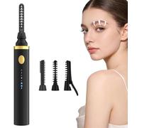 3 in 1 Heated Eyelash Curler Electric, 10S Fast Heating with 3 Temperature Modes (65/75/85°C), USB-C Rechargeable Portable with Interchangeable Brush Heads for Upper & Lower Lashes, Sideburns - Black
