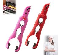 3-in-1 Hot Plate Gripper, Multi-Angle Anti-Scald Bowl Holder Clip & Hot Plate Grabber Tool with Lock, Heat Resistant Silicone Kitchen Tool with Lock & Bottle Opener, for Pots/Pans/Bowls (Red+Pink)