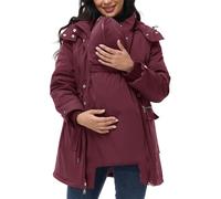 3 In 1 Jacket Maternity Coat Women, Waterproof Thicken Quilted Baby Wearing Coat Hooded Puffer Down Jacket Parka With Pockets Winter Pregnancy Clothing Outdoor Red XL