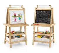 3-in-1 Kids Art Easel: Double-Sided Whiteboard & Chalkboard with Paper Roll, 2-Tier Storage Shelves & Bins, MDF Construction