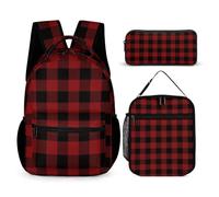 3 in 1 Kids Backpack for Boys And Girls, Red Buffalo Plaid Pattern Waterproof School Backpack with Lunch Box&Pencil Bag, Cute Bookbag Travel School Bag, Durable & Water-Resistant, for School, Travel