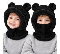 3 in 1 Kids Balaclava, Winter Hat, with Scarf, Face Mask, Neck Warmer, 2-7Y | Toddler Warm Knitted Ski Beanie, Windproof Fleece Lined Hood with Bear Ear, for Girls Boys Cold Weather Skiing Cycling Daily
