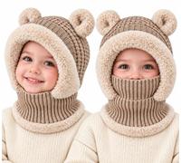 3 in 1 Kids Balaclava, Winter Hat, with Scarf, Face Mask, Neck Warmer, 2-7Y | Toddler Warm Knitted Ski Beanie, Windproof Fleece Lined Hood with Bear Ear, for Girls Boys Cold Weather Skiing Cycling Daily