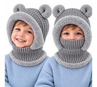 3 in 1 Kids Balaclava, Winter Hat, with Scarf, Face Mask, Neck Warmer, 2-7Y | Toddler Warm Knitted Ski Beanie, Windproof Fleece Lined Hood with Bear Ear, for Girls Boys Cold Weather Skiing Cycling Daily