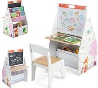 3 in 1 Kids Easel with Chair, Wooden Art Table with Adjustable Double-Sided Magnetic Whiteboard & Blackboard, Bookshelf, Storage Bin, Kids Table and Chair Set for Drawing, Writing (White)