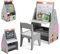 3 in 1 Kids Easel with Chair, Wooden Art Table with Adjustable Double-Sided Magnetic Whiteboard & Blackboard, Bookshelf, Storage Bin, Kids Table and Chair Set for Drawing, Writing (Gray)
