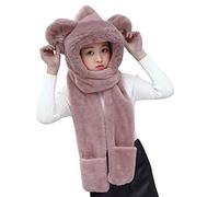 3 In 1 Kids Faux Fur Hooded Plush Hat Scarf and Gloves Set - Boys & Girls Winter Thermal Trapper Hat with Earflaps - Long Scarf, Pocket Gloves, Mitten Shawl Wraps Neck Warmer - Age 3-8