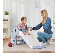 AIYAPLAY 3 in 1 Kids Slide, Giraffe Shape Toddler Slide with Climber, Basketball Hoop and Ball, Indoor Playground Equipment for Age 1-3, Blue