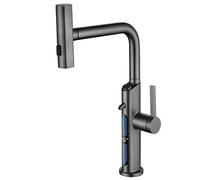 3-in-1 Kitchen Faucet with Gray Digital Display - 360° Swivel Water Tap, Solid Brass Hot & Cold Water Mixer for Sink, Easy Pull-Out Spray Gun for Drinking Water