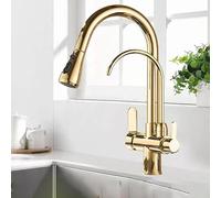 3-in-1 Kitchen Faucet with Water Filter, Pull Out Sink Tap with Dual Handle & Sprayer, High Arc Design for Filtered and Tap Water(Color:Gold)