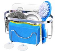 Sponge Holder for Kitchen Sink, 3-in-1 Kitchen Sink Caddy Dish Sponge Holder with Suction Cup, SUS304 Stainless Steel Hanging Organizer Kitchen Accessories for Place Basket Brush, Sliver