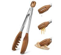 3-in-1 Kitchen Tongs & Pasta Server - 12 Inch Walnut Multifunction Tongs with Slotted Forked & Flat Tips for Pasta, Salad, Cooking and More - Elegant, Heat-Resistant Food Tongs for Home Cooks & Chefs