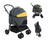 3-in-1 Luxury Dog Stroller for Medium Large Dogs, Folding Pet Stroller Travel Buggy Car Seat with Detach Carrier,Double Suspension Wheel, Removable Liner and Storage Basket (Dark Gray)