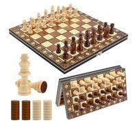 3 IN 1 Magnetic Chess Set Draughts Board Games Backgammon - 12" Wooden Portable Foldable Travel Chess Board Game Set with Pieces & Storage Slots - Strategy Games Gifts