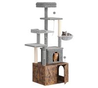 3-in-1 Modern Cat Tree with Hidden Litter Box Enclosure - Cat Condo Cabinet with Scratching Post, Hammock & Multiple Perches - Classic Brown