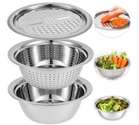 3-in-1 Multifunctional Stainless Steel Basin Set with Grater, Strainer, Drain Basket & Salad Maker, Premium Kitchen Mixing Bowl Set for Vegetables, Fruits, and Pasta(28CM)