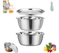 3-in-1 Multifunctional Stainless Steel Sink, Stainless Steel Drain Basket, Vegetable Cutter, Ginger Grater, Vegetable Slicer, Salad Maker Bowl, Stainless Steel Bowl with Grater, for Rice Salad Maker