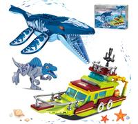 3 in 1 Ocean Explorer Boat Dinosaur Building Set, Dinosaur Toys Set with Dinosaur Park World, Poseable Joint Spinosaurus, Mosasaurus & City Boat Ship, Christmas Birthday Gift for Boys Girls Kids 6-12