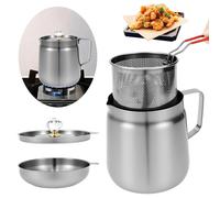3 in 1 Oil Filter Pot for Kitchen, Bacon Grease Container Stainless Steel with Lid, Strainer and Deep Fryer Basket, Multifunctional Oil Strainer Pot for Storing, Frying, and Cooking Grease(2L)