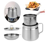 3 in 1 Oil Filter Pot for Kitchen, Bacon Grease Container Stainless Steel with Lid, Strainer and Deep Fryer Basket, Multifunctional Oil Strainer Pot for Storing, Frying, and Cooking Grease(1.5L)