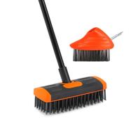 3-in-1 Patio Cleaning Brush with Steel Bristles, 2 Interchangeable Heads, Telescopic Handle 80-140cm, Moss & Weed Remover for Paving, Decking, Paths & Driveways