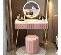 3-in-1 Pink Makeup Vanity Set with LED Flip-top Mirror Cushioned Rolling Stool & nizer - Solid Wood Dressing Table for Bedroom Integrated LED Lights