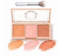 3-in-1 Powder Blush Palette for Cheeks Makeup with Floral Case - Long-Lasting Matte & Satin Blusher Kit with Buildable Colour, Natural Glow, Portable for Daily Wear & Travel (Milk Tea)
