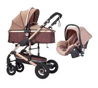 3 in 1 Pram Stroller Foldable Baby Carriage High Landscape Toddler Pushchair Infant Travel System for 0-37 Months with Shock Absorption Springs Large Basket Rubber Wheel (Khaki)