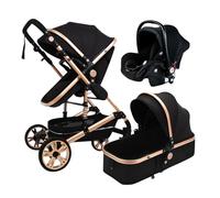 3 in 1 Pram Stroller Foldable Baby Carriage High Landscape Toddler Pushchair Infant Travel System for 0-37 Months with Shock Absorption Springs Large Basket Rubber Wheel (Black)