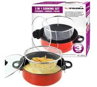 3 In 1 Prima Deep Fryer Cooking Set Home Kitchen Chef Food Red Cooker Chip Fry Pan Non Stick Pot Steamer Frying Basket Glass Lid