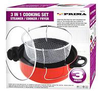 3 in 1 Prima Deep Fryer Cooking Set Home Kitchen Chef Food RED Cooker Chip Fry Pan Non Stick Pot Steamer Basket Glass Lid UK Free P&P