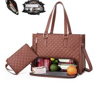 3 in 1 Quilted Tote Bag-15.6 Inch Tote Bag with Lunch Compartmen with Built-in Insulated Section for Laptop & Meals (Brown)