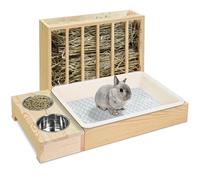 3 in 1 Rabbit Hay Feeder with Litter Box, Wooden Bunny Hay Feeder Guinea Pig Hay Holder with Toilet Small Animal Hay Holder Rack Manger for Chinchillas, Hamster, Dwarf Rabbit
