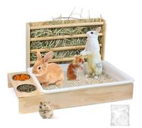 3 in 1 Rabbit Hay Feeder with Litter Box,Wooden Hay Feeder with 2 Bowls & Litter Box for Guinea Pig Chinchilla Bunny Other Small Animals (Basic Stand with Wire mesh and Plastic Bag)