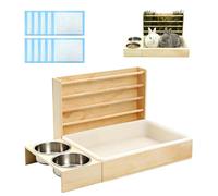 3 in 1 Rabbit Hay Feeder with Litter Tray and 2 Bowls, Wooden Rabbit Tray