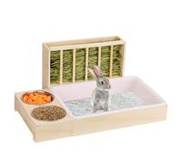 3 in 1 Rabbit Litter Box with Hay Feeder and Bowls - Wooden Rabbit Hay Feeder for Guinea Pig, Hamster, Small Animals