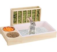 3 in 1 Rabbit Litter Box with Hay Feeder and Bowls - Wooden Rabbit Hay Feeder for Guinea Pig, Hamster, Small Animals (A1)