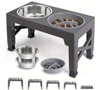 3-In-1 Raised Pet Food Bowl with Stand, Elevated Dog Bowl with 2 Stainless Steel Bowls + Non-Spill Slow Feeder, 5 Height Adjustable Anti-Slip Raised Feeding Station for Large Dogs and Cats (Grey)