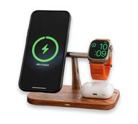 3-in-1 Real Natural Wood Wireless MagSafe Compatible Magnetic Charger Stand Station for Apple iPhone 18/17/16/15/14/13/12, Plus, Mini, Pro, ProMax, Apple Watch AirPods, Fast Charging 15W