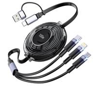 3-in-1 Retractable Multi Charging Cable, 100W Fast Charging USB-C/A to Lightning/USB-C/Micro USB for iPhone 16, 15, 14 Pro Max, Samsung Galaxy, Kindle, Travel Charger for Multiple Devices (Black)