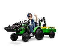 3 in 1 Ride on Tractor, 24V Ride on Toy for Big Kids, Excavator Bulldozer - Battery-Powered Electric Vehicle w/Trailer, Digger, Remote Control, LED Lights, Music, USB, Battery Powered, Green