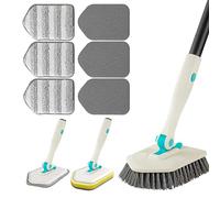 3 in 1 Scrub Cleaning Brush with Long Handle 51'' - Shower Bathtub Tub & Tile Scrubber Brush Include 1 Stiff Brush Head & 3 Scouring Pads & 3 Microfiber Clothes, for Wall Bathroom Glass Bathtub(White)
