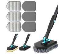 3 in 1 Scrub Cleaning Brush with Long Handle 51'' - Shower Bathtub Tub & Tile Scrubber Brush Include 1 Stiff Brush Head & 3 Scouring Pads & 3 Microfiber Clothes, for Wall Bathroom Glass Bathtub(Black)