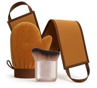 3 in 1 Self Tanner Applicator Kit for Face, Body & Back Velvet Tanning Mitt + Back Tan Applicator + Kabuki Face Brush, No Orange Palms, Streak-Free Sunless Tanner Tool Set for Mousse, Lotion & Drops