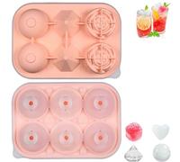 3 in 1 Silicone Ice Cube Tray with Lid, Rose Diamond Circular Ice Tray Set, 6-Cavity Easy Release Ice Trays for Freezer, Chilled Cocktails Juice Coffee (Pink)