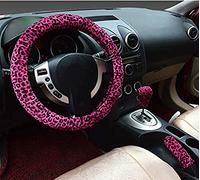 3 in 1 Soft Leopard Car Steering Wheel Cover handbrake grip gear shift collar Covers 38cm Short plush warm Winter (Red,O)