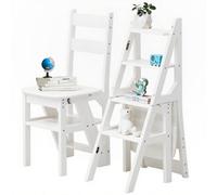 3-in-1 Solid Wood Folding Ladder Chair - Convertible Step Stool & Display Rack, 4-Tier Multi-Functional Design for Home, Kitchen, Library, 150 kg Capacity, White, 35 x 46 cm
