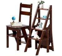 3-in-1 Solid Wood Folding Ladder Chair & Step Stool, 4-Tier Multi-Functional Display Rack, 150kg Capacity for Home, Kitchen & Library - Walnut Finish, Compact Design 35x46cm