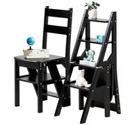 3-in-1 Solid Wood Folding Ladder Chair & Step Stool, 4-Tier Multi-Functional Display Rack, Durable & Stylish, 150 kg Capacity for Home, Kitchen, Library (Black, 35 x 46 cm)